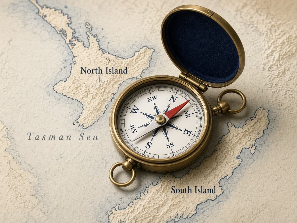 Be Visa compass on a New Zealand map