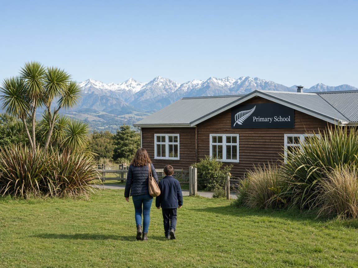 New Zealand primary school with green field and hills