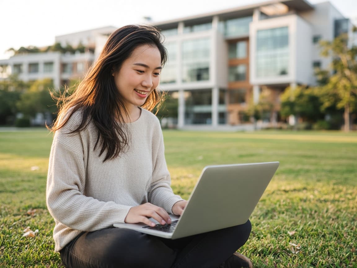 International student studying on a university campus
