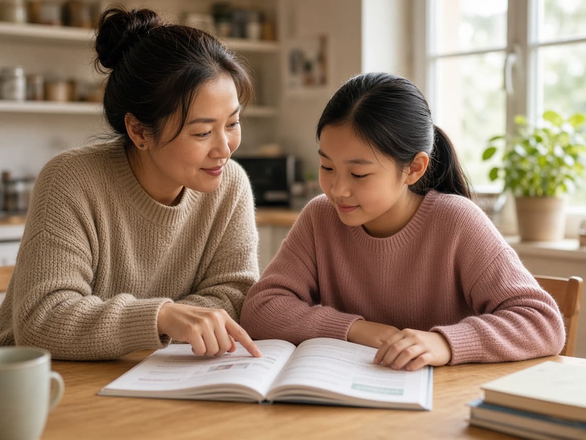 Parent supporting a child with schoolwork